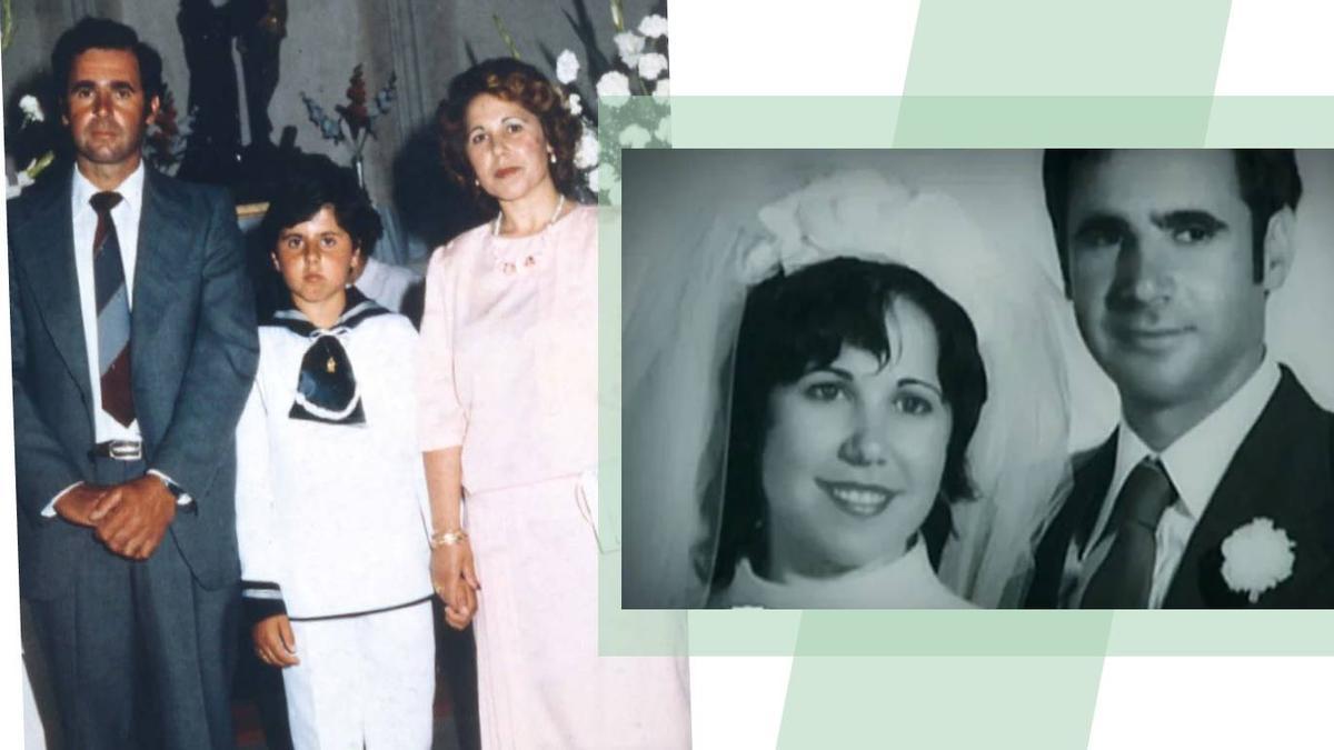 Juan Pedro, junto a sus padres, Carmen y Andrés, el día de su camión. A la derecha, foto de boda de los padres del niño.