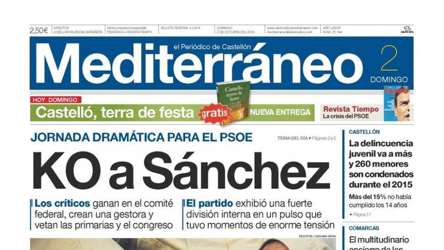 KO a Sánchez, en la portada de Mediterráneo