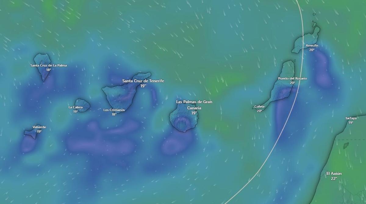 Predicción de Windy del tiempo en Canarias para las 14.00 horas del domingo 8 de febrero de 2026
