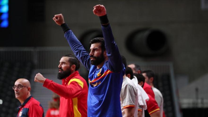 Rodrigo Corrales celebra una acción de Los Hispanos en el partido de ayer contra Dinamarca.