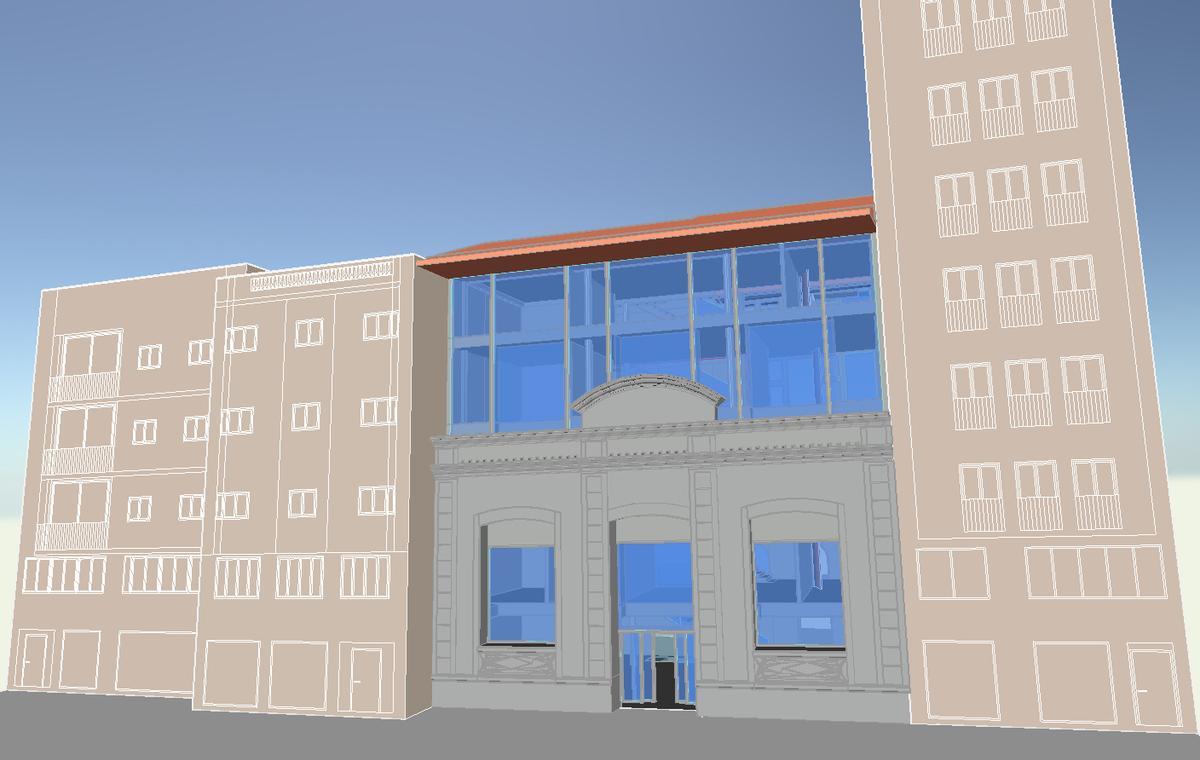 Recreación de cómo será la fachada de Nuevos Riegos el Progreso, con la parte superior de cristal, el alerón y los edificios colidantes a diferente alineamiento