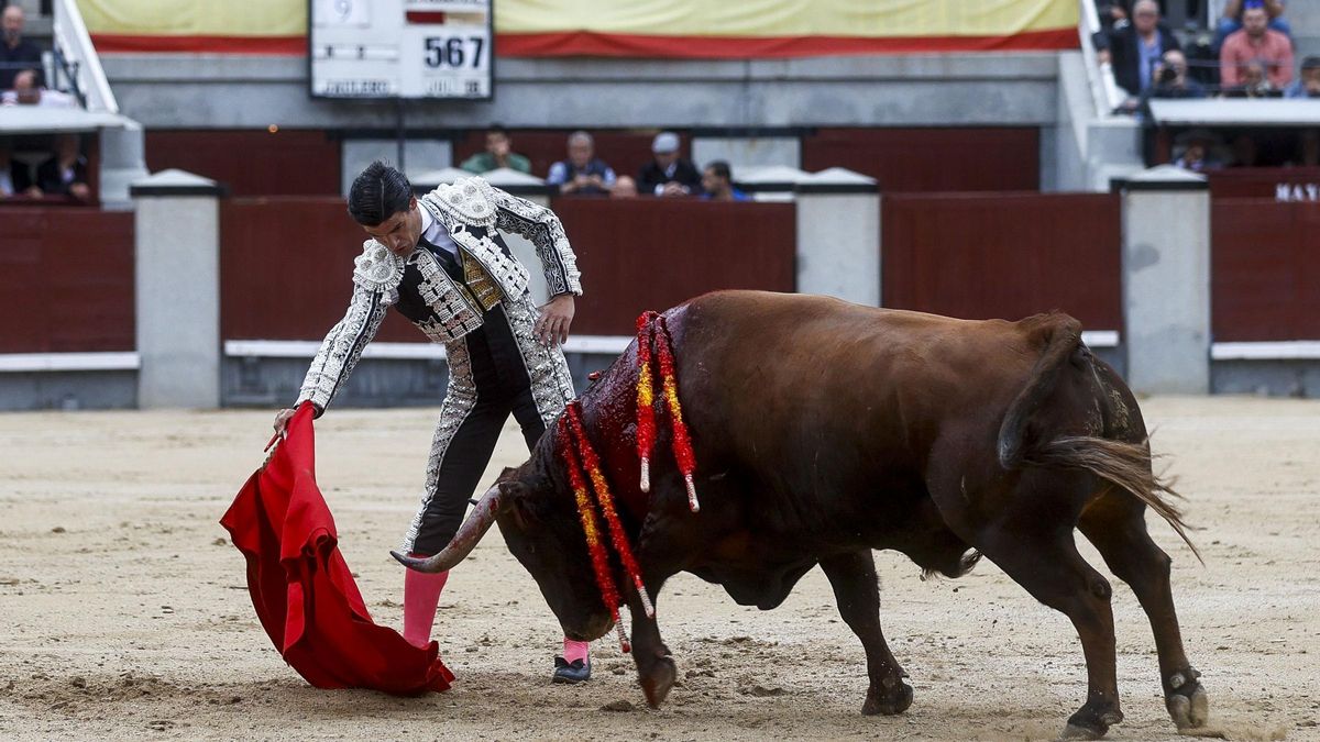 Pablo Aguado da un pase a su primer astado en la corrida de este sábado en Madrid.