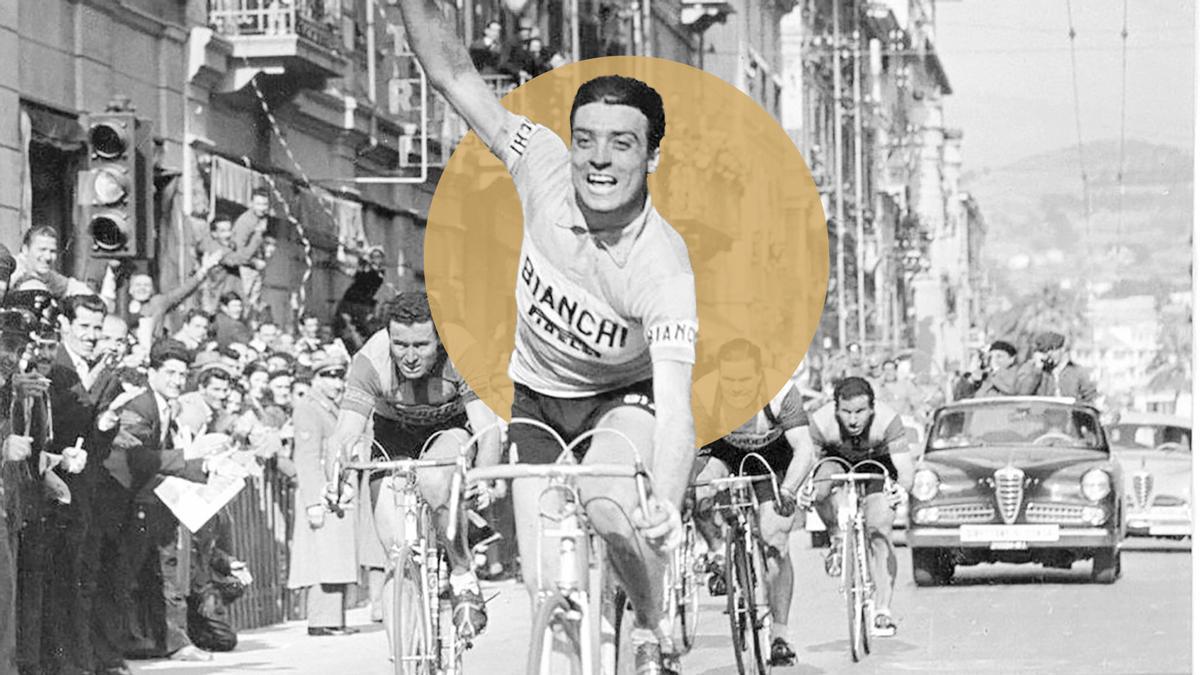 Petrucci celebra la victoria en la Milán-San Remo de 1952.