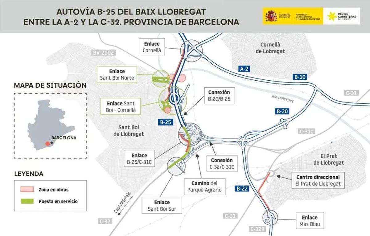 Finalizan las obras de los enlaces de Sant Boi en la nueva B-25 y la incorporación a la C-32 en sentido Castelldefels.