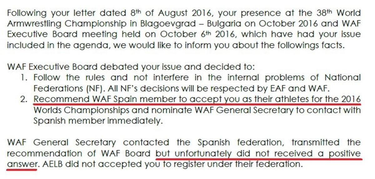 Un extracte de la carta oficial que la WAF va enviar a Sonia Miras.