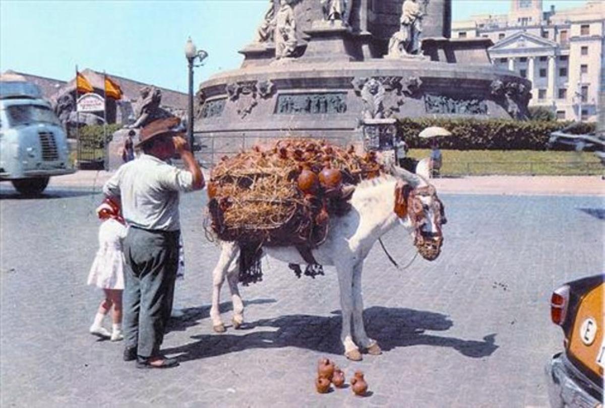 Un burro carregat amb objectes de ceràmica a la barcelonina plaça de Colom, l’estiu del 1963.