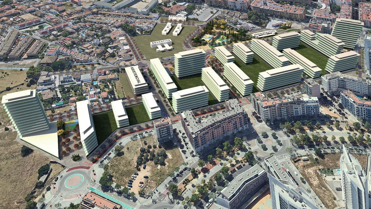 Recreación virtual del nuevo barrio de Torrent con el PAI de Parc Central III.