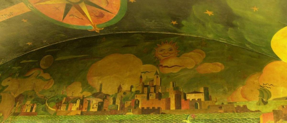 Detalle de la vista de la ciudad que Lugrís pintó en la bóveda del antiguo Fornos.