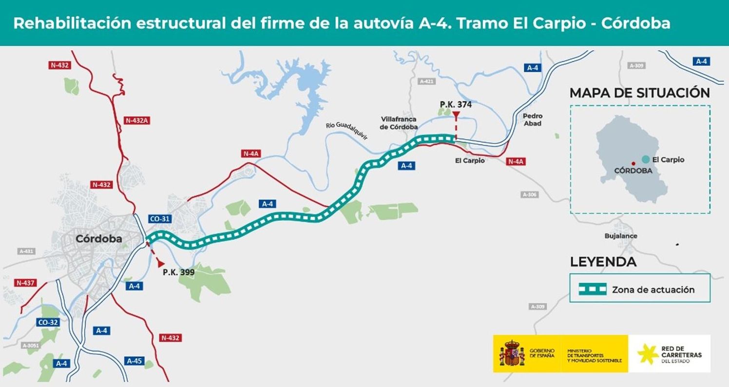 Transportes licita por 26,4 millones de euros las obras para rehabilitar el firme de la autovía A 4 entre el Carpio y Córdoba.
