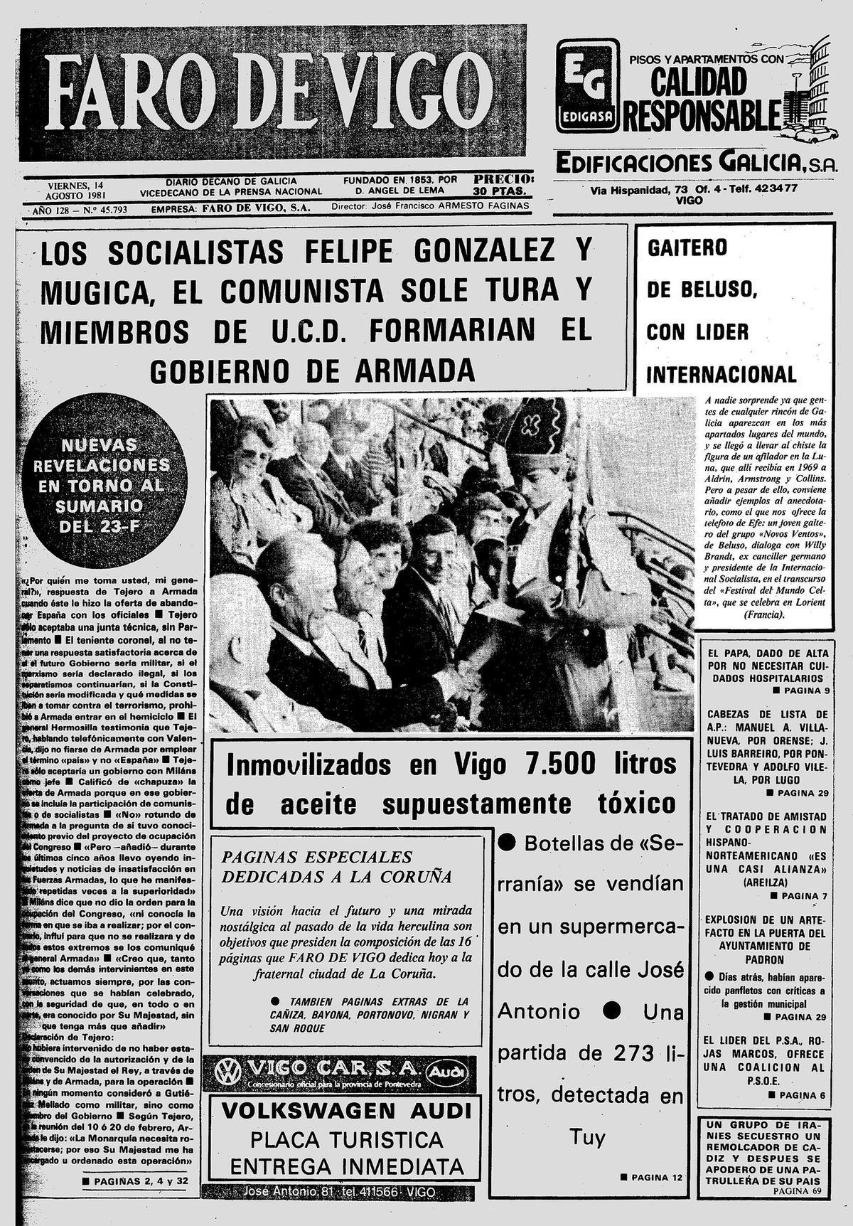 Portada de FARO DE VIGO del 14 de agosto de 1981