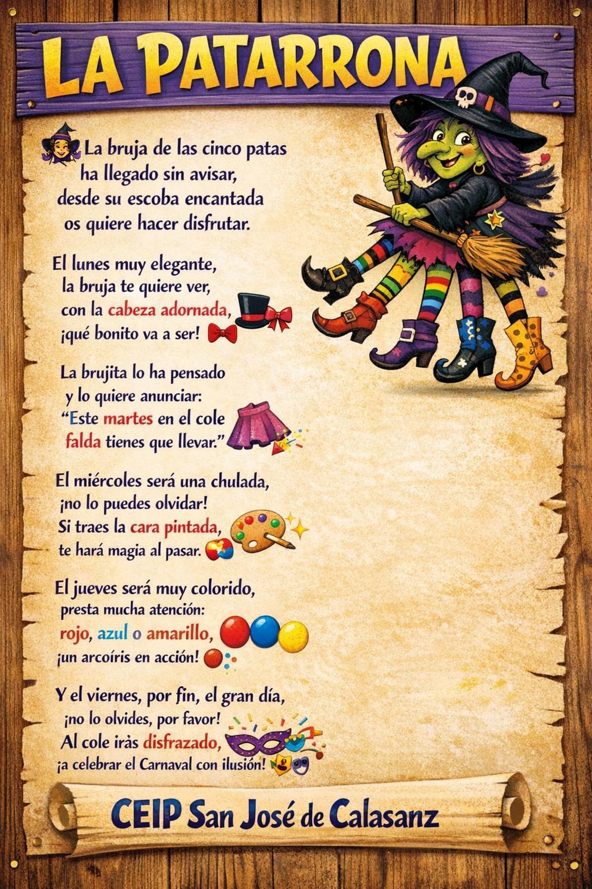 Cartel anunciador de "La Patarrona" en el CEIP San José de Calasanz de Zamora.