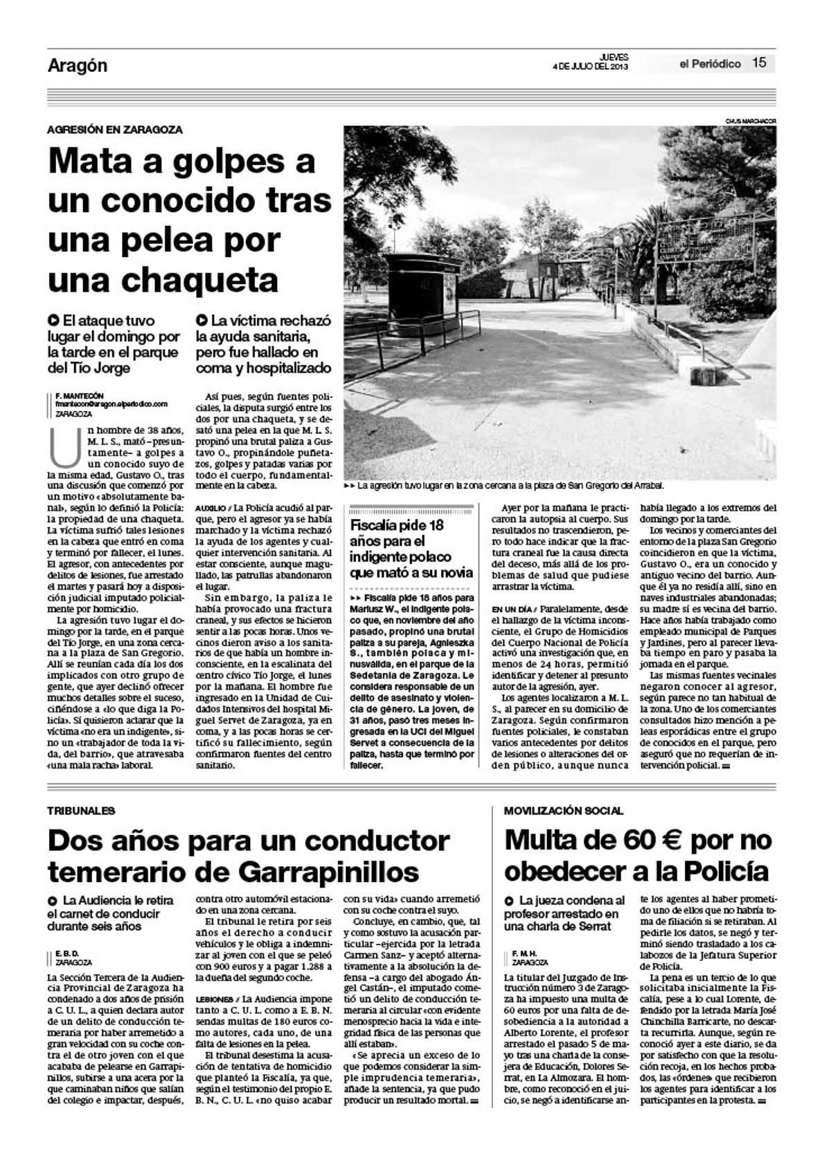 La edición de El Periódico de Aragón informando del crimen.