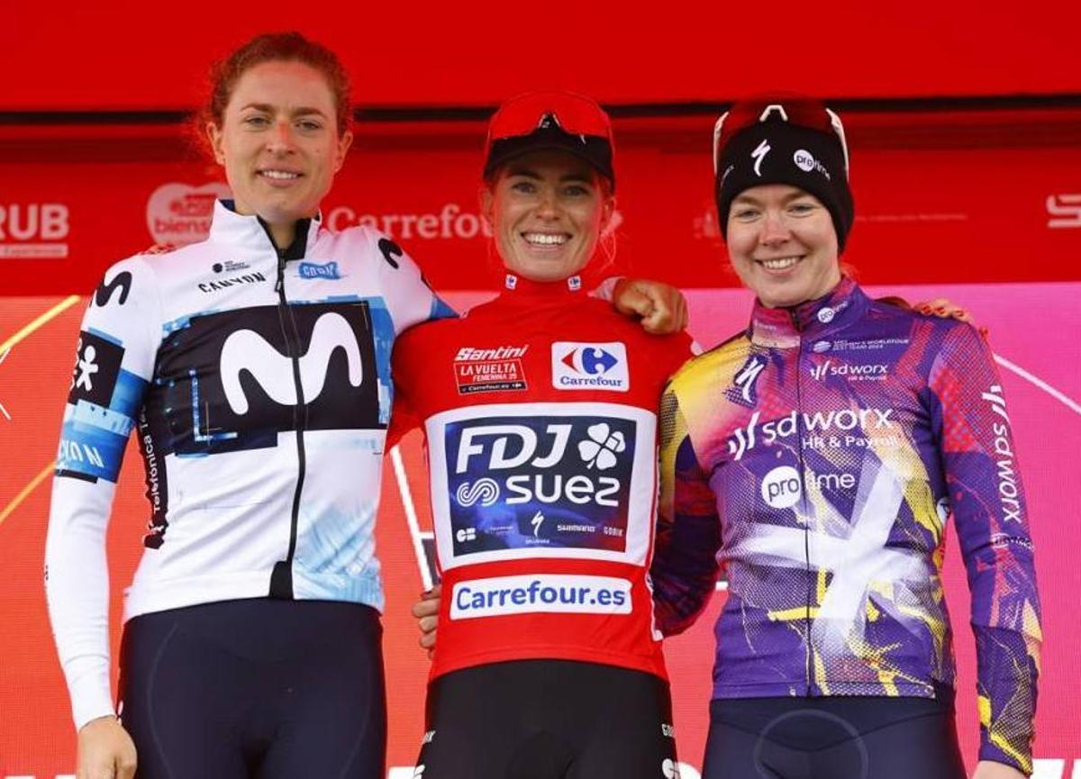 Podio de la última edición de la Vuelta con Demi Vollering, en el centro, secundada por Marlen Reusser, a la izquierda, y Anne van der Breggen.
