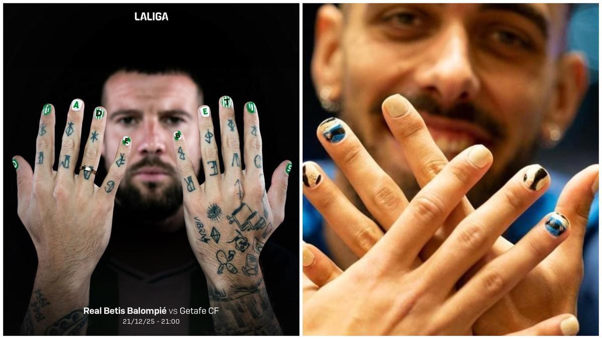 Aitor Ruibal y Borja Iglesias con las uñas pintadas del color de sus equipos, el Betis y el Celta de Vigo.