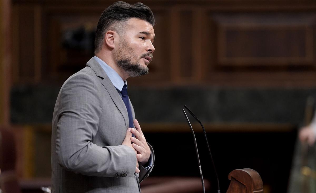 El portavoz de ERC, Gabriel Rufián, durante la comparecencia de Pedro Sánchez en el Congreso de los Diputados