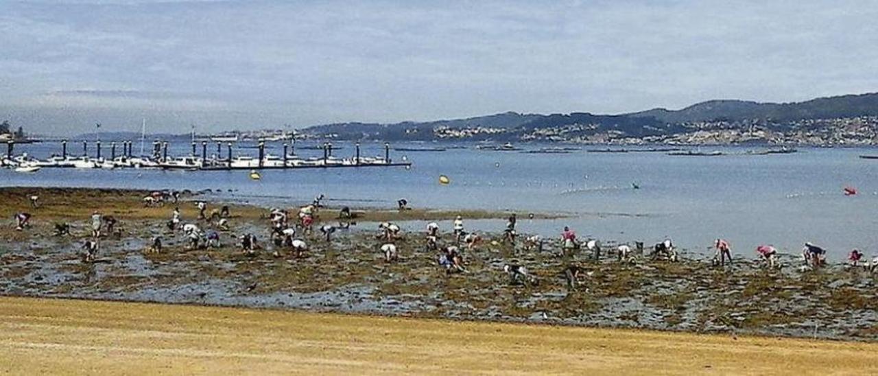 Las mariscadoras extraen almejas y berberechos en la playa de Arealonga, en Chapela. // B.L.