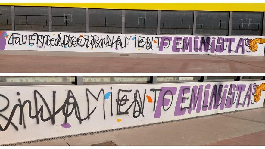 Pintada vandálica encima de un mural feminista en un colegio de Castellón