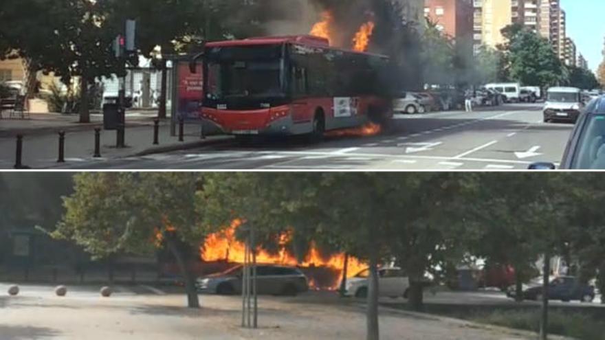 Espectacular incendio de un autobús de la EMT en la avenida Blasco Ibáñez de València