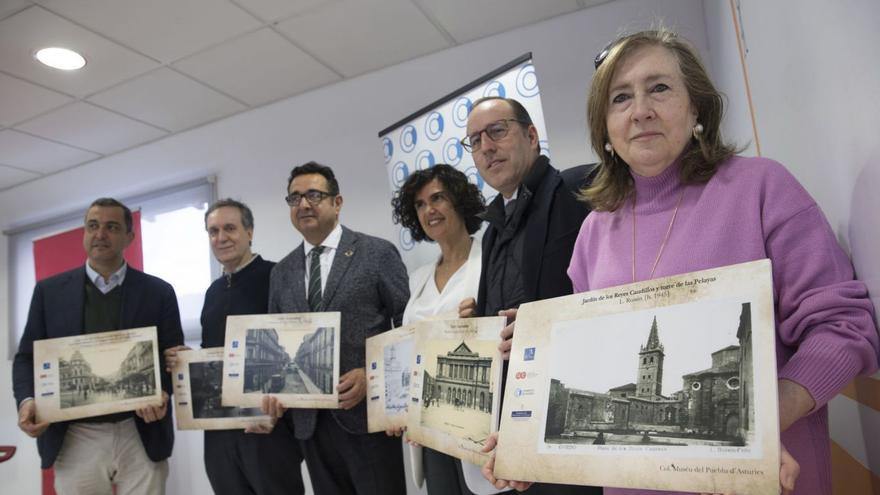 Por la izquierda, Ignacio del Río, presidente de Comercio de Oviedo; Joaco López, director del Muséu del Pueblu d’Asturies; Julio González Zapico, director general de Comercio; Sara Menéndez, presidenta de la Unión de Comerciantes de Asturias; Mario Arias, teniente de alcalde de Oviedo, y Dolores Olavarrieta, de la Unión de Comerciantes del Caudal. | Miki López