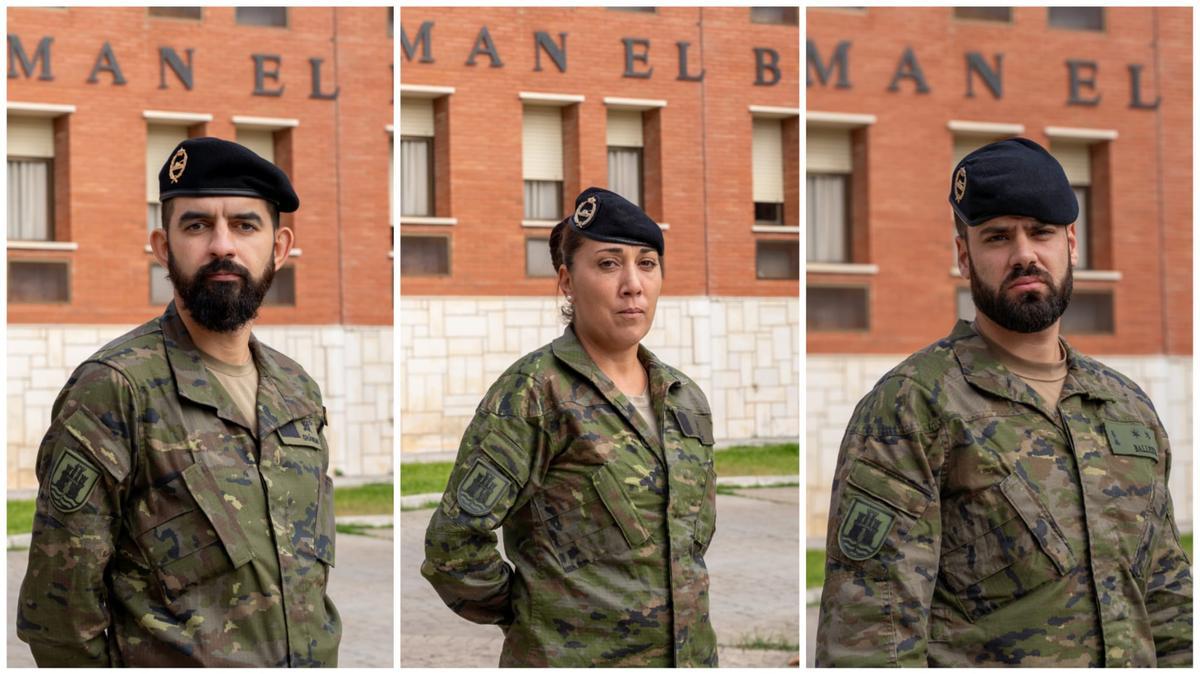 El sargento Ghanemi, la cabo Valle y el teniente Ballesta, en la base de la Guzmán El Bueno