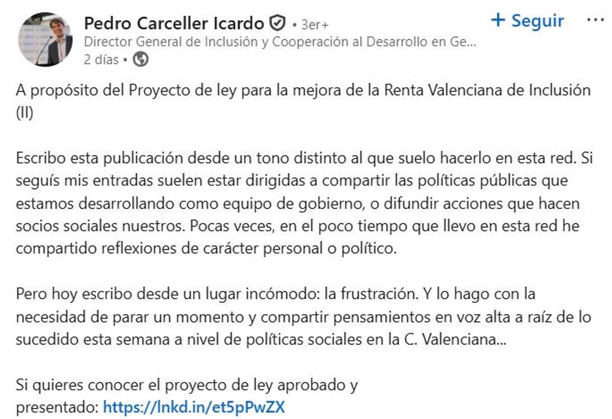 Escrito de Pedro Carceller, en redes.