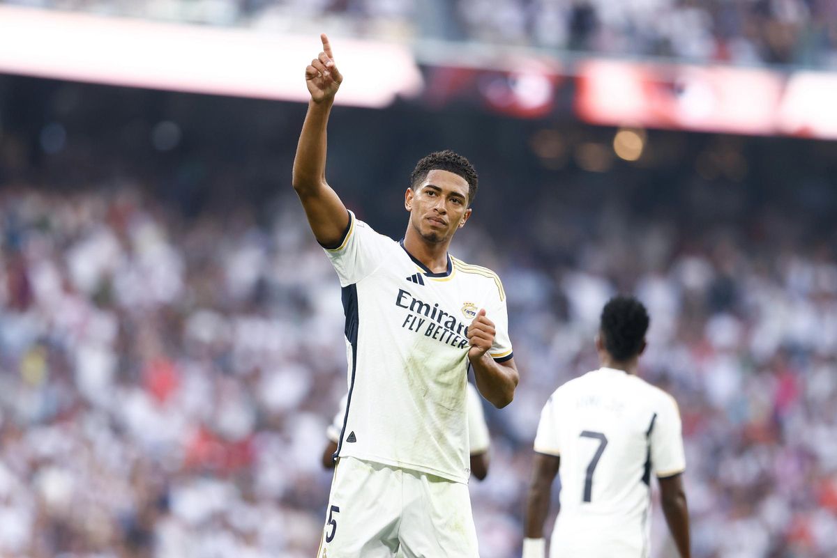 Jude Bellingham of Real Madrid celebrates a goal during the spanish league, La Liga EA Sports, football match played between Real Madrid and CA Osasuna at Santiago Bernabeu stadium on October 7, 2023, in Madrid, Spain.