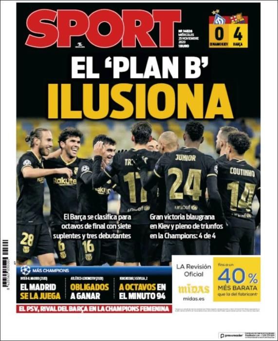 Portada SPORT miércoles 25 noviembre 2020