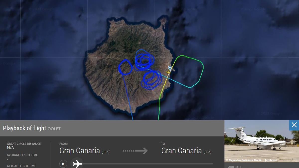 Trayectoria de la avión que se encarga del enlace de la señal para retransmitir el Rally Islas Canarias.