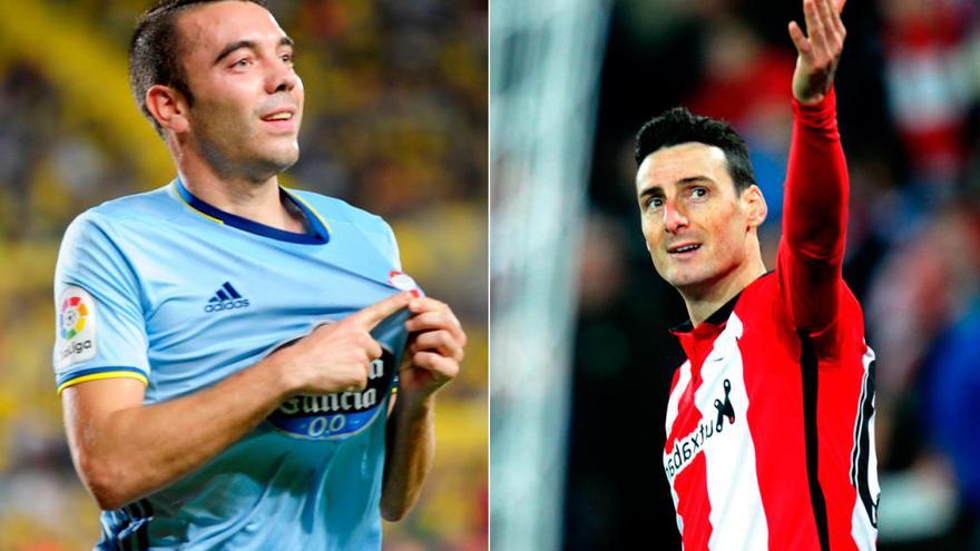 Iago Aspas y Aritz Aduriz celebran un gol con el Celta y Athletic // FARO