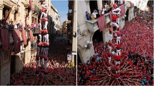 El ’tres de nou sense folre’ de la Colla Vella de Valls y  3 de 9 sense folre de la Colla Joves dels Xiquets de Valls en la diada de Santa Úrsula de Valls 