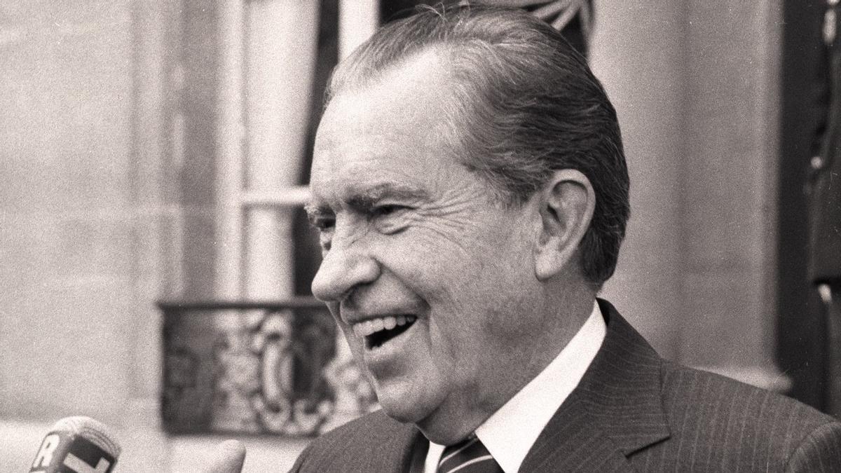 File of former US President Richard Nixon speaking at the Elysee Presidential Palace in Paris