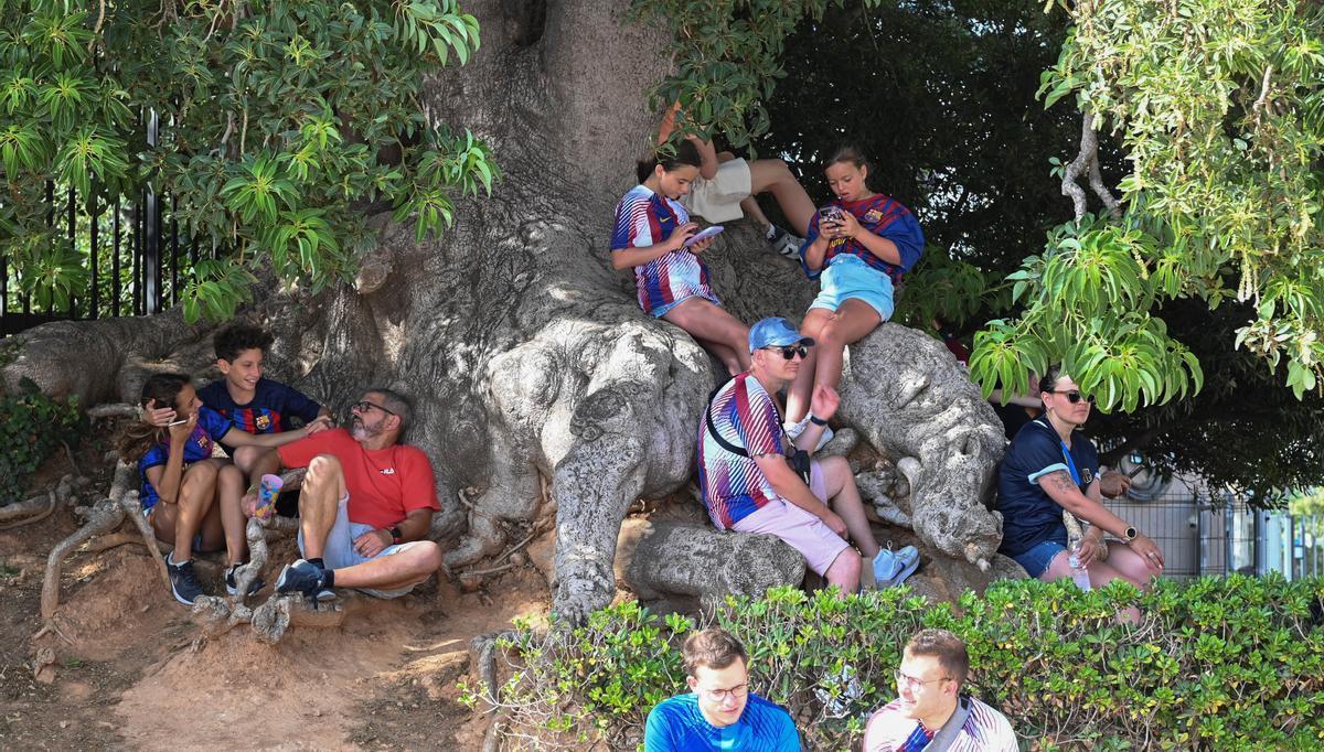 Un grupo de aficionados del Barça esperan el inicio del partido en las afueras del estadio.