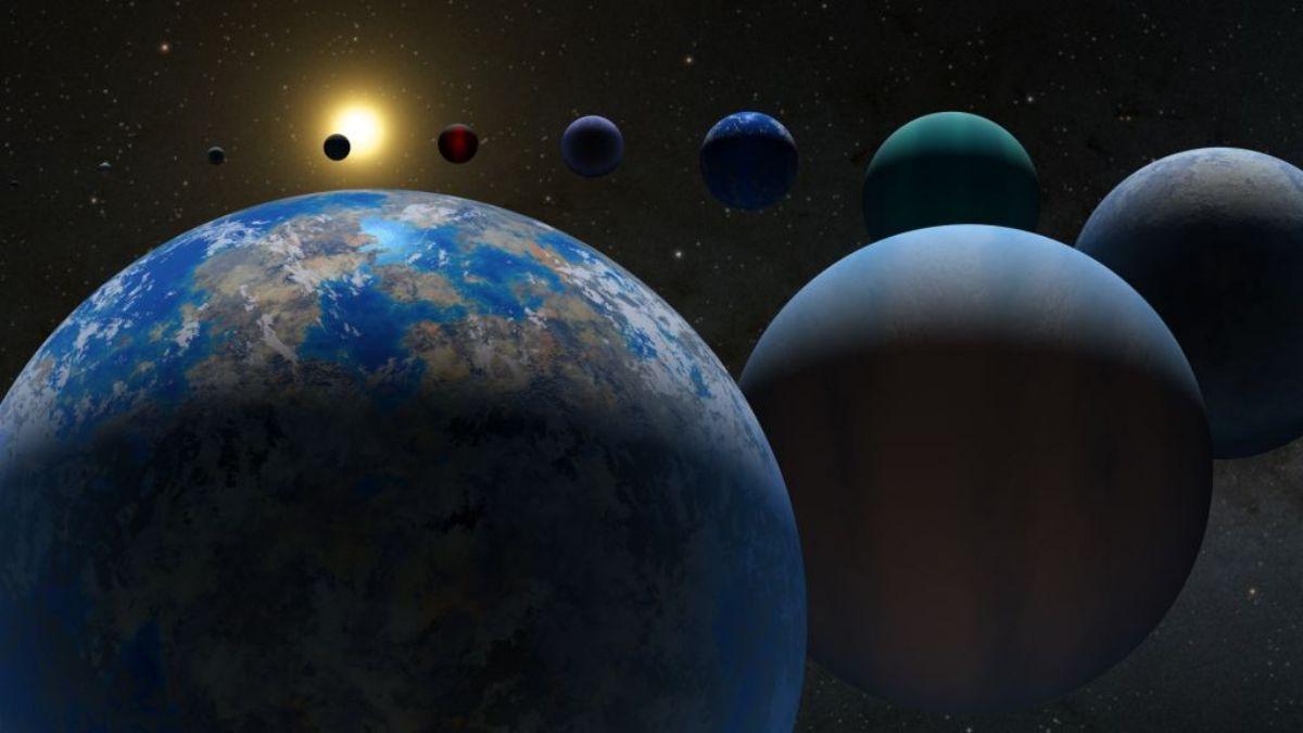 Recreación artística de un escenario con innumerables exoplanetas reubicados en una zona habitable de un sistema estelar.