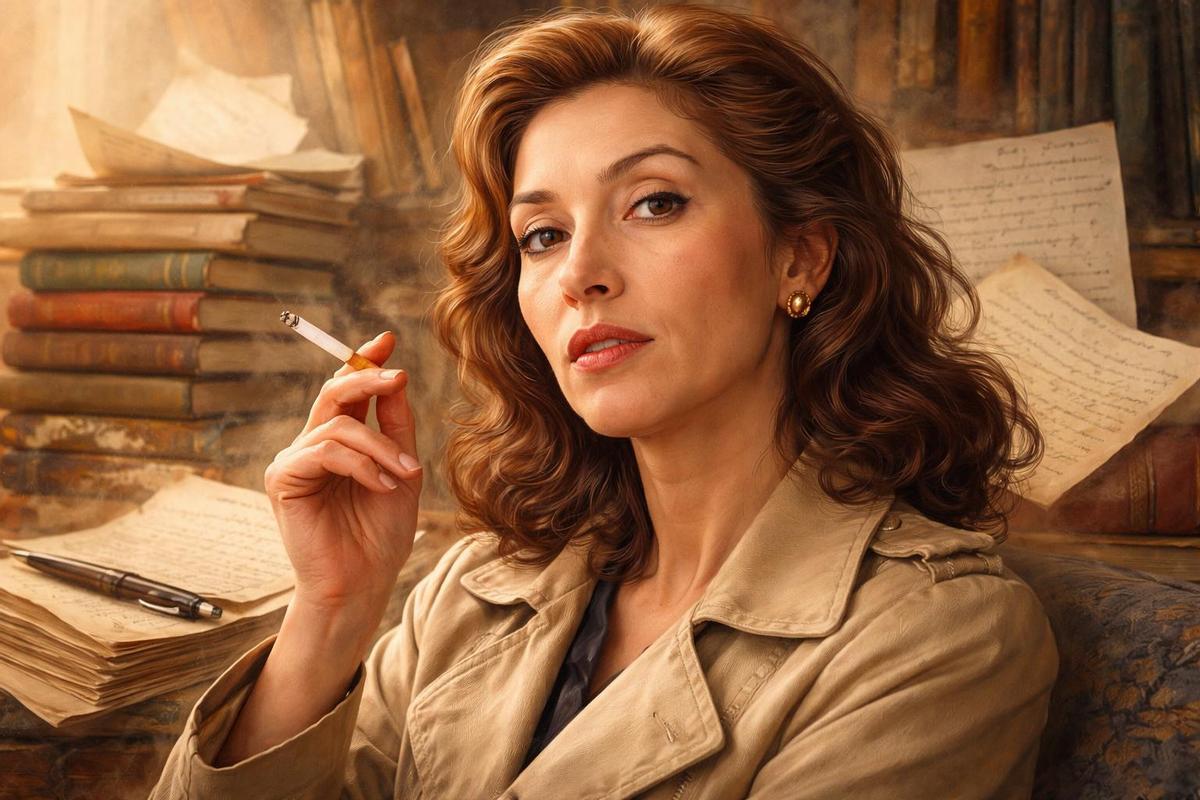 Un retrato de Clarice Lispector con cigarro y libros.