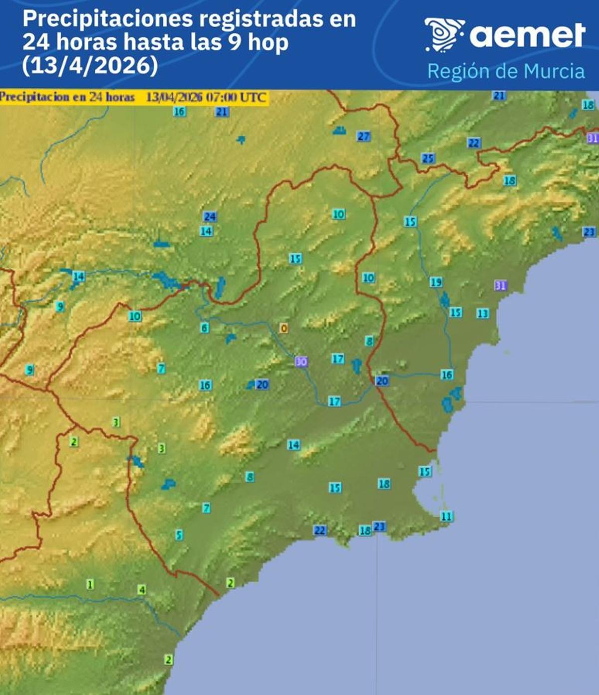 Mapa de lluvias acumuladas este domingo en la Región
