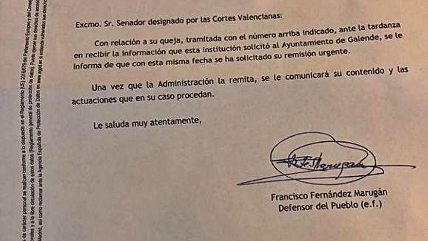 Escrito remitido por el Defensor del Pueblo.