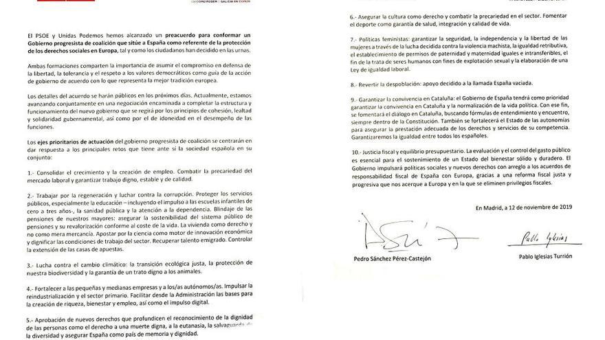 El documento de preacuerdo suscrito por PSOE y Podemos.