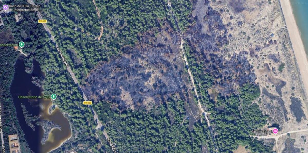 Así se ve desde Google Maps uno de los incendios de los últimos años, frente al Racó de l'Olla