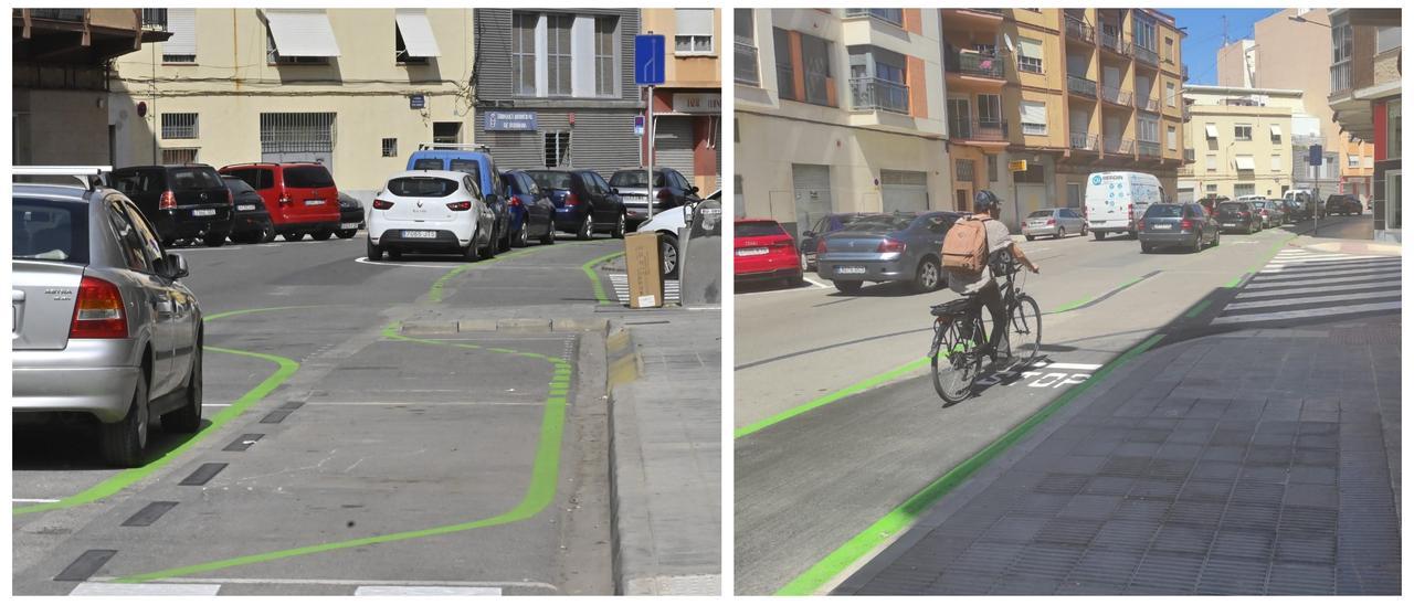 Antes y después. En la primera imagen (i) se aprecia la curva que originaba el saliente a la altura de la calle Gemma Galgani, que ha sido eliminada (d).