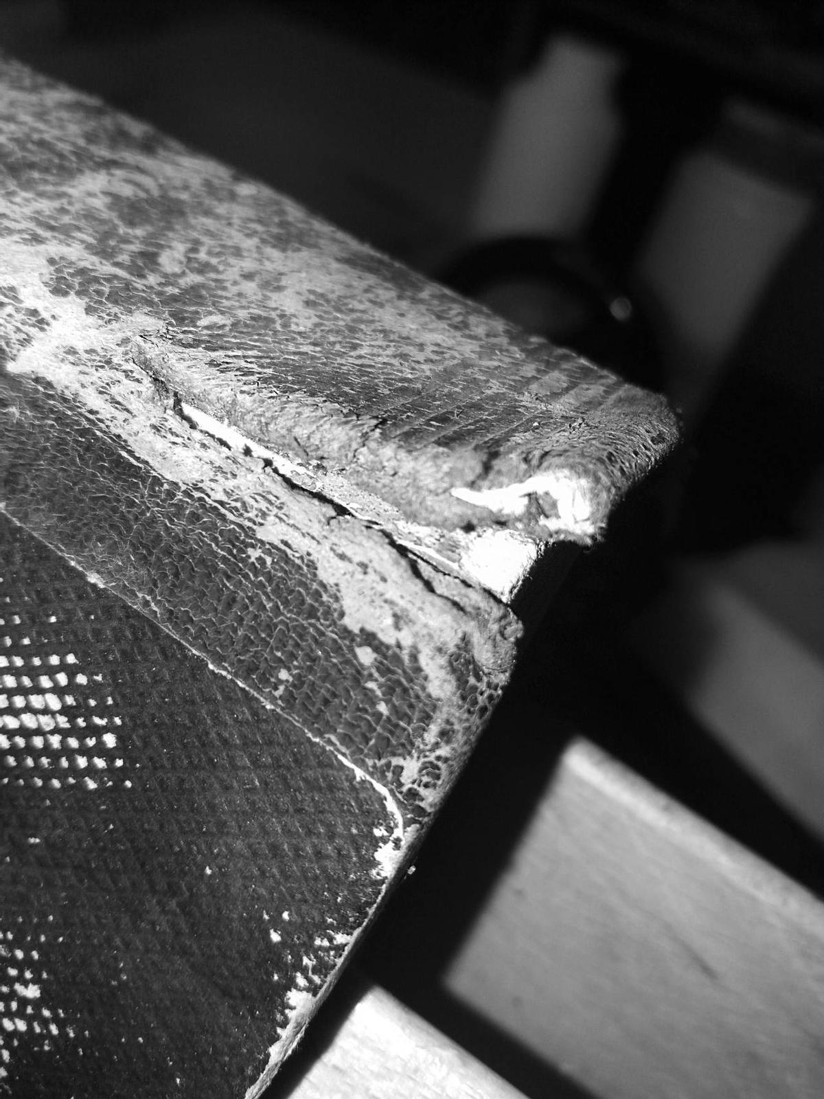 Detalle del lomo del libro antes de la restauración