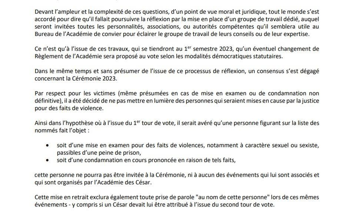 Comunicado de la Academia de cine francesa