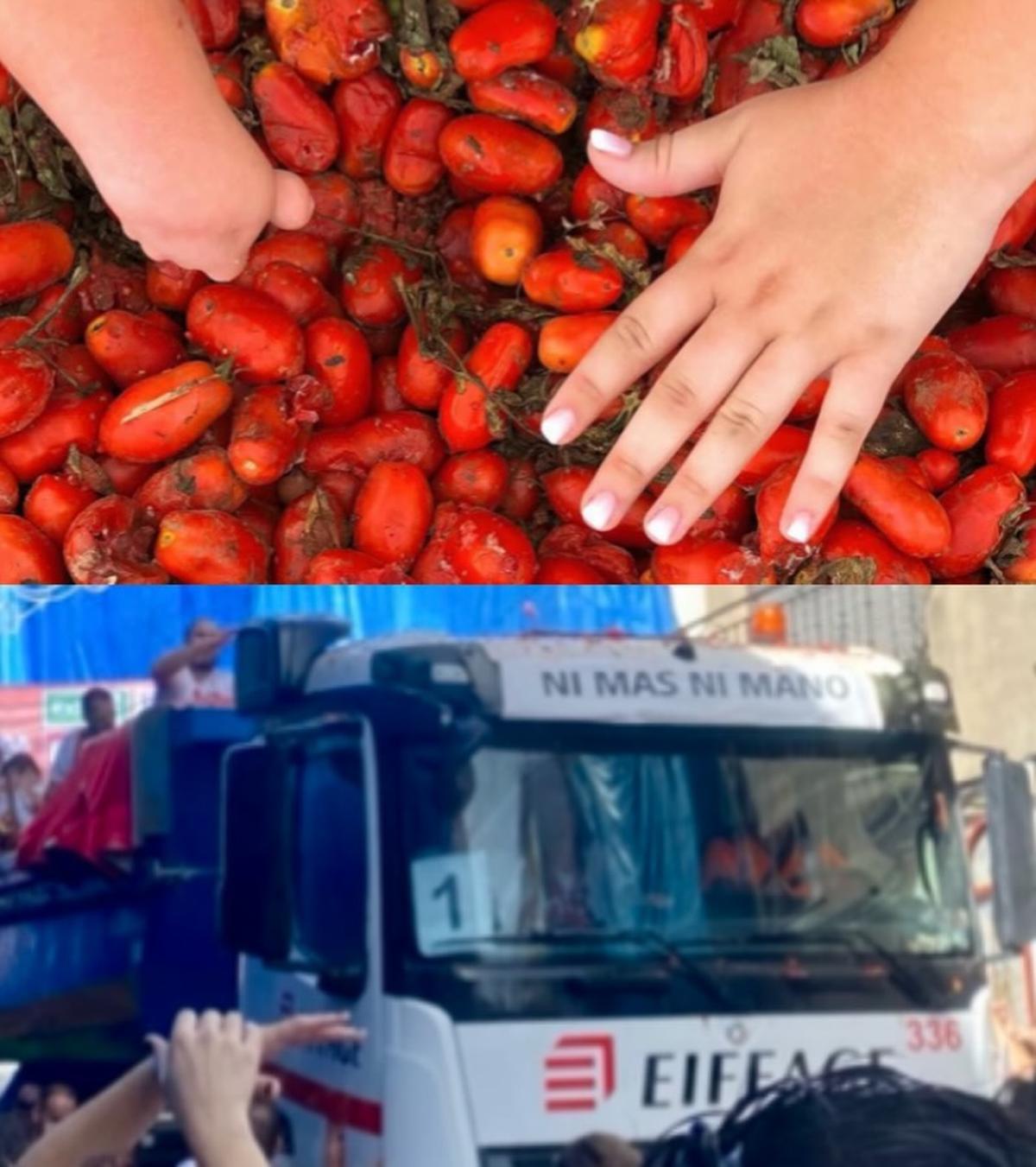 Uno de los camiones participantes en la tomatina con el lema de "Ni más ni mano".