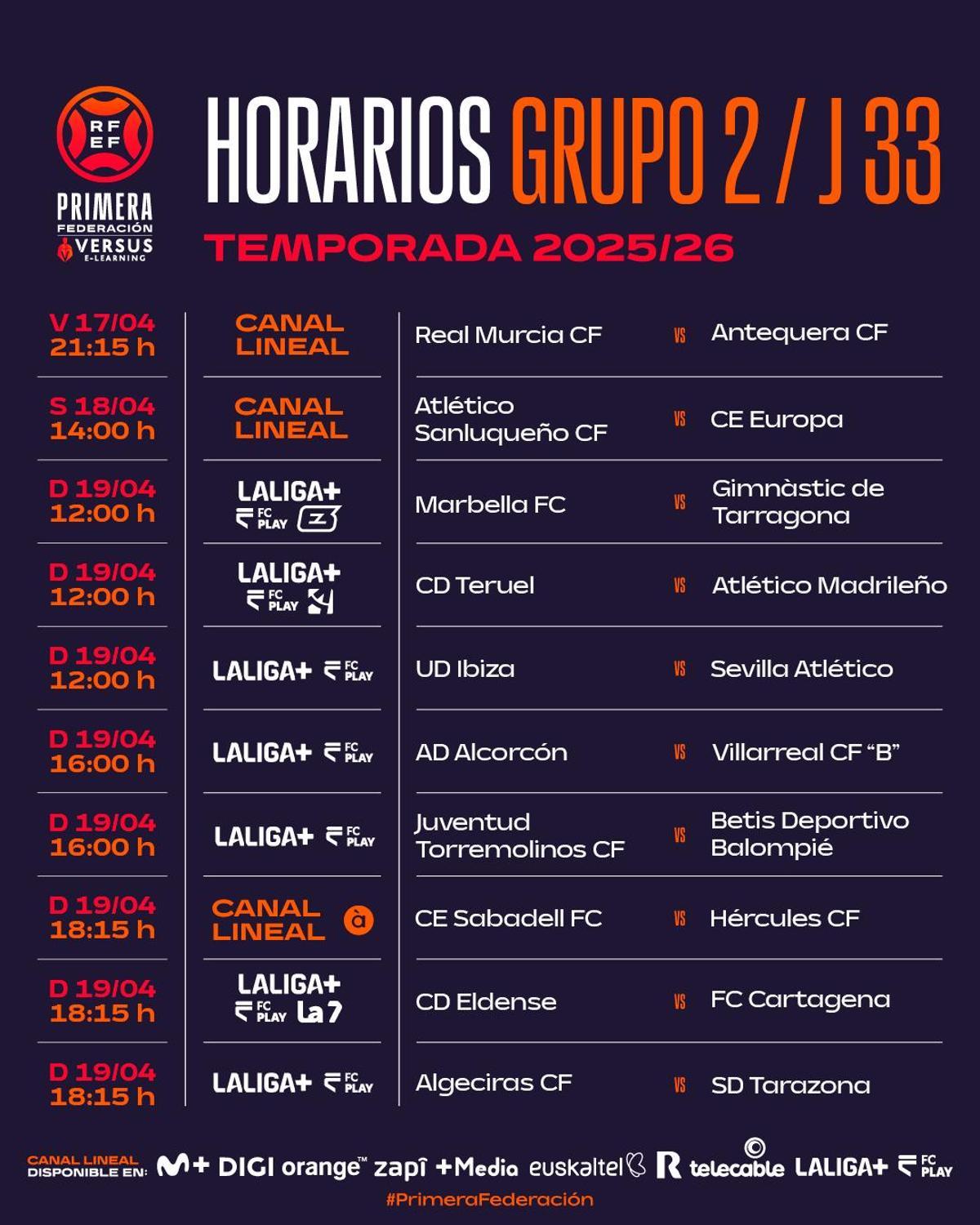 Horarios y Televisión de los partidos de la jornada 33 en el grupo 2 de Primera Federación.