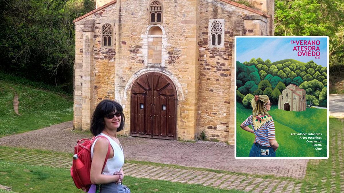 Helena Toraño, en el entorno de San Miguel de Lillo. En el recuadro, su cartel para promocionar el verano cultural ovetense.