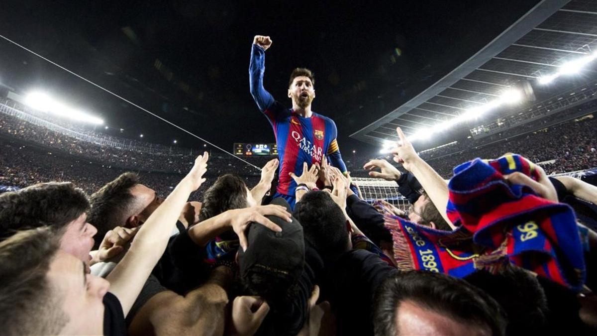 Leo Messi celebra, en marzo del 2017, la victoria sobre el PSG.