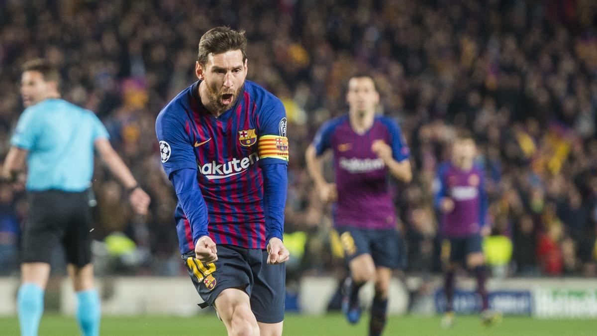 Messi anota el primer gol durante el partido de vuelta de los cuartos de final de la liga de campeones entre el FC Barcelona y el Manchester United