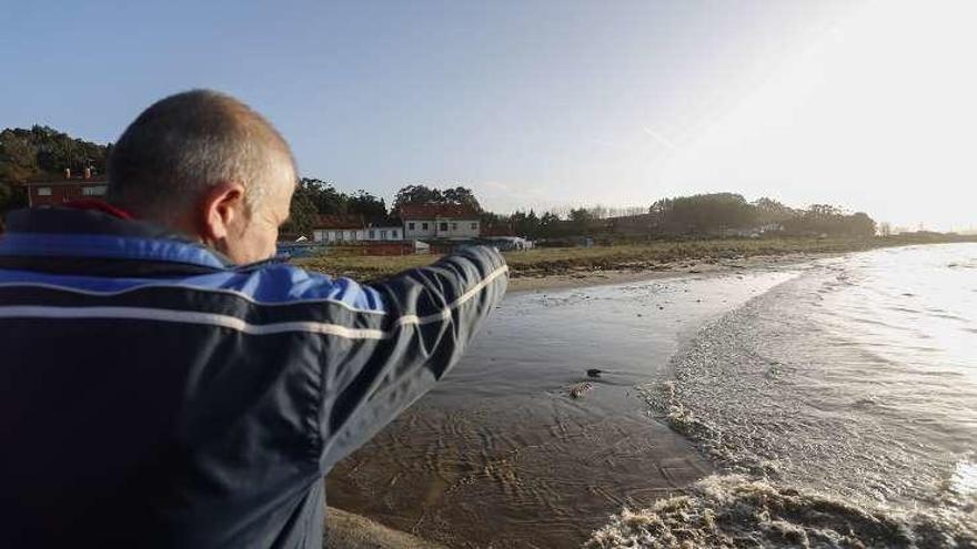 Agustín García señala el lugar por el que debería discurrir la escollera que demanda el colectivo vecinal. A la derecha, varios vecinos contemplan la entrada del mar por el canal habilitado en la playa de Zeluán.