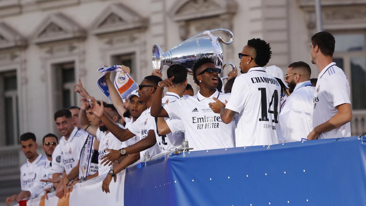 Real Madrid celebrate winning the Champions League Final with an open top bus parade