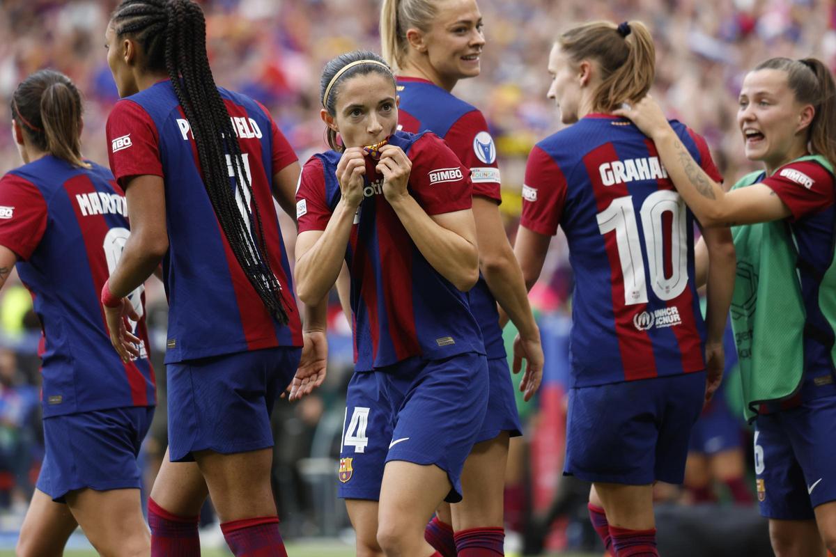 Aitana Bonmatí celebrando el gol que le daba al Barça su tercera Champions