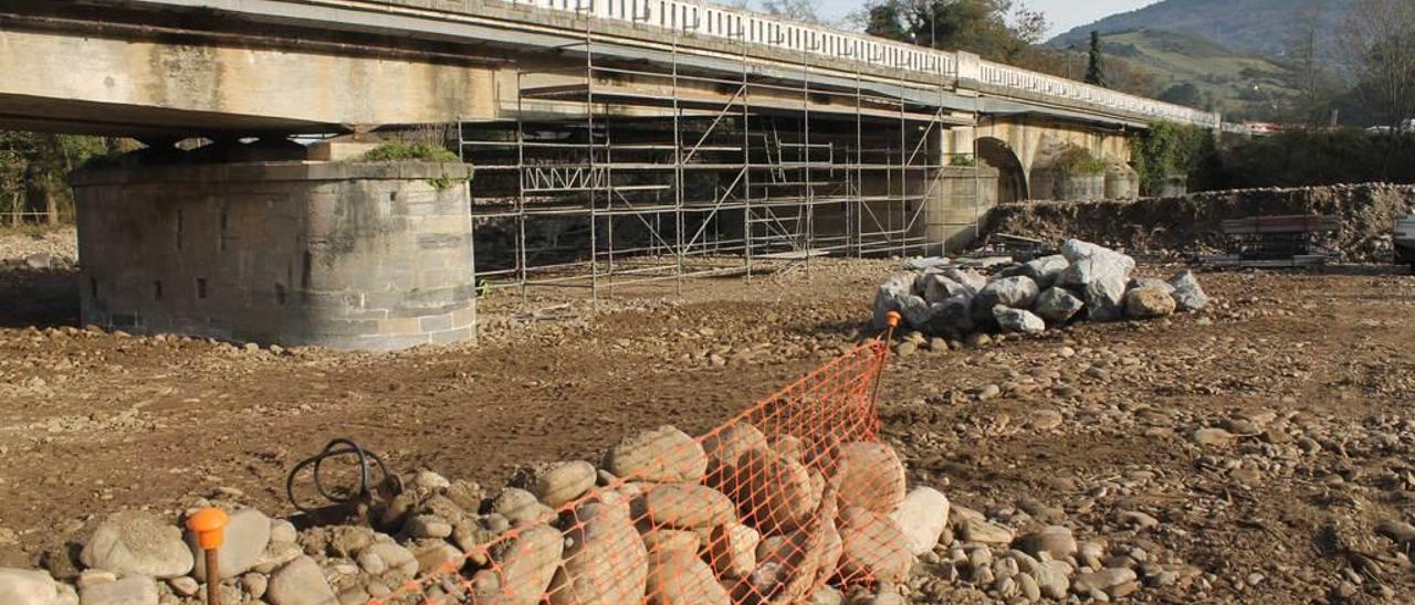 Obras de reparación de las pilas del puente de la carretera nacional 634, en el río Narcea.